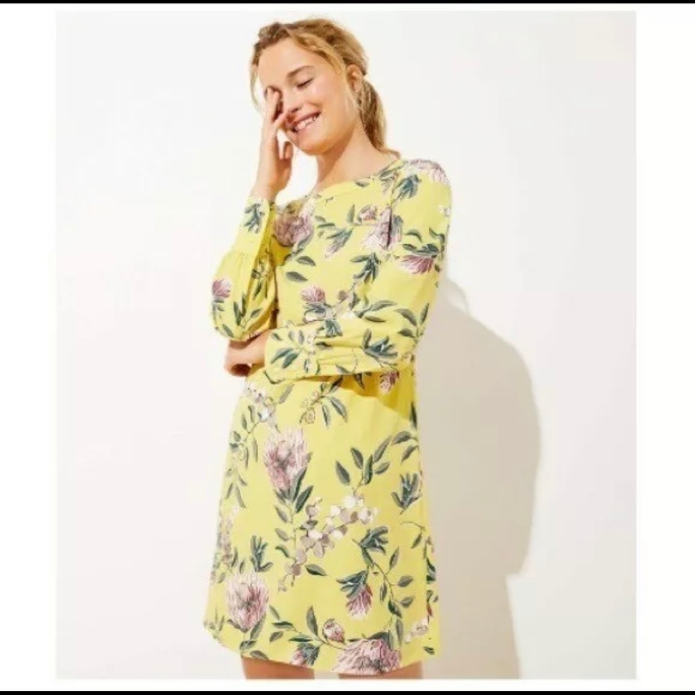 LOFT Yellow Floral Long Sleeve Dress